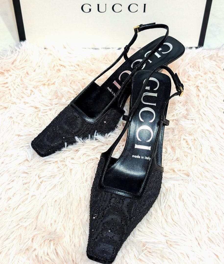 定価13万80%オフ☆GUCCI スリングバックパンプス GGラインストーン