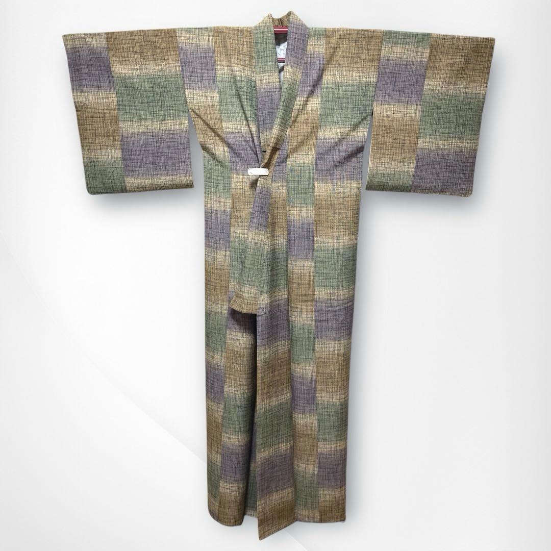 【美品✨】東レシルック　洗える着物　小紋　変わり格子　ベージュ　灰緑　日本製P3