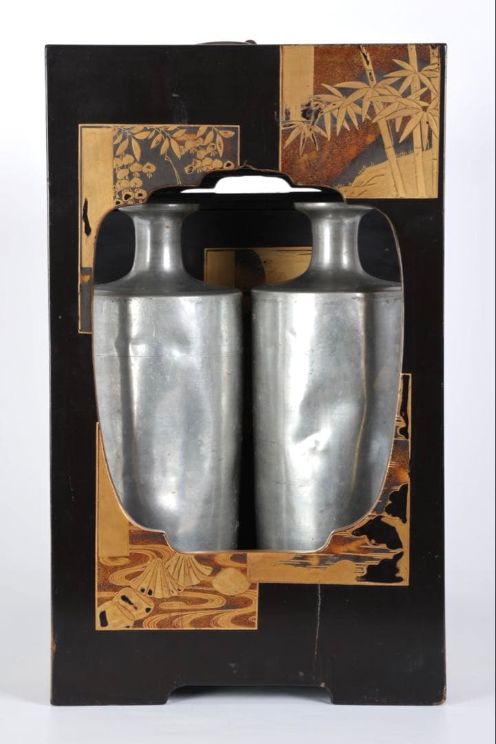 漆塗金蒔絵 野弁当 野点 花見重 重箱 錫製徳利 台付 骨董 古美術漆器　漆