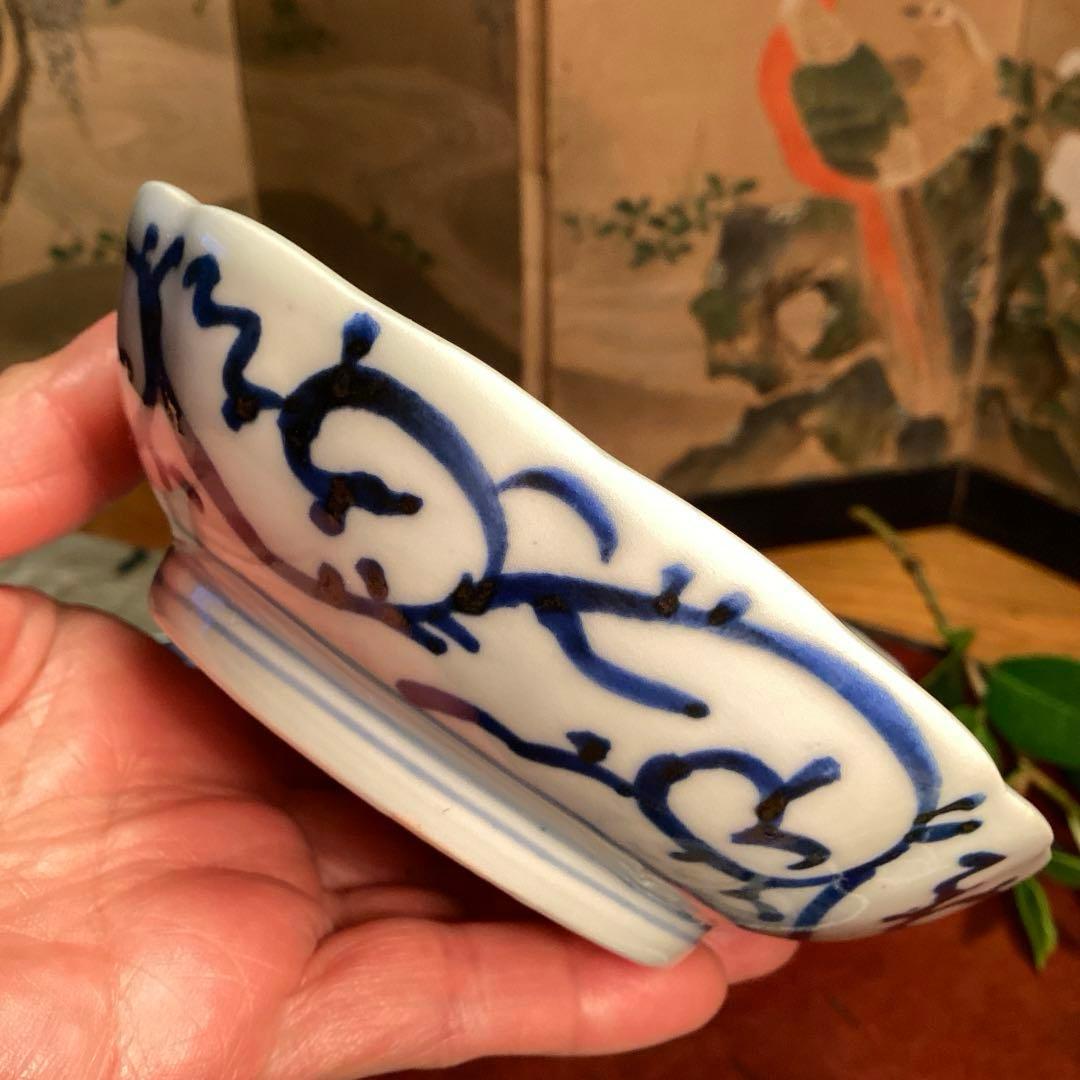 A929 古伊万里　染付　微塵唐草　萩唐草　輪花型中皿　浅鉢　　5枚