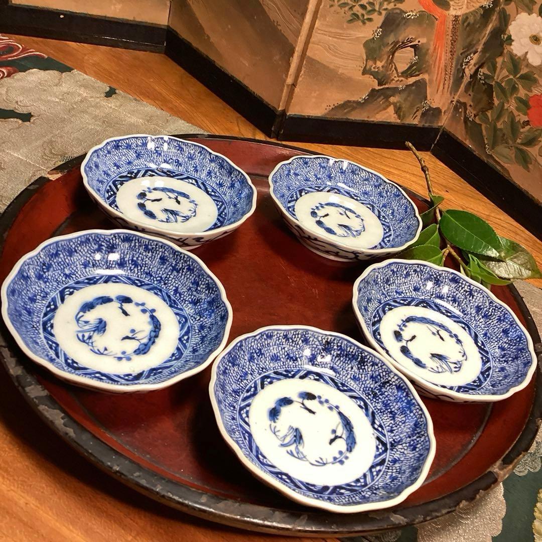 A929 古伊万里　染付　微塵唐草　萩唐草　輪花型中皿　浅鉢　　5枚