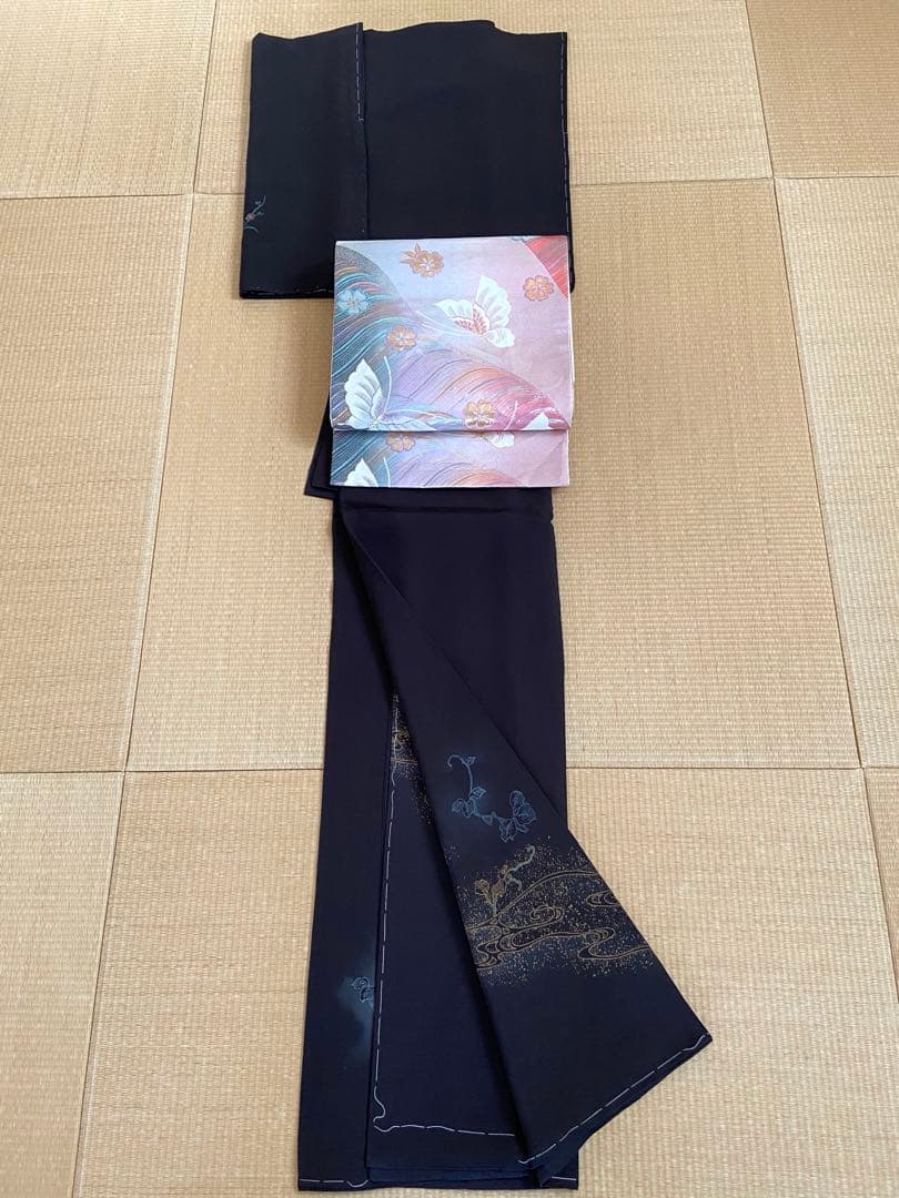 【未使用】黒紫色　金彩　蝶や花　蔦模様　訪問着（袷）フルセット