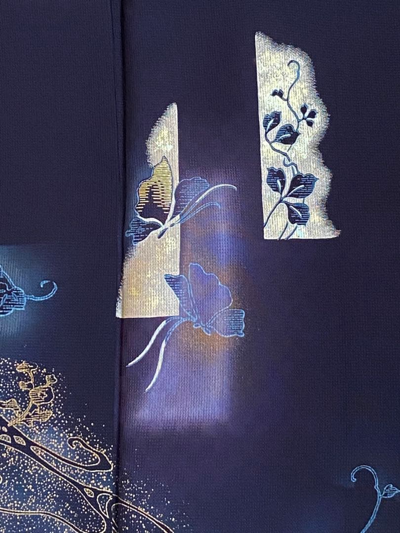 【未使用】黒紫色　金彩　蝶や花　蔦模様　訪問着（袷）フルセット