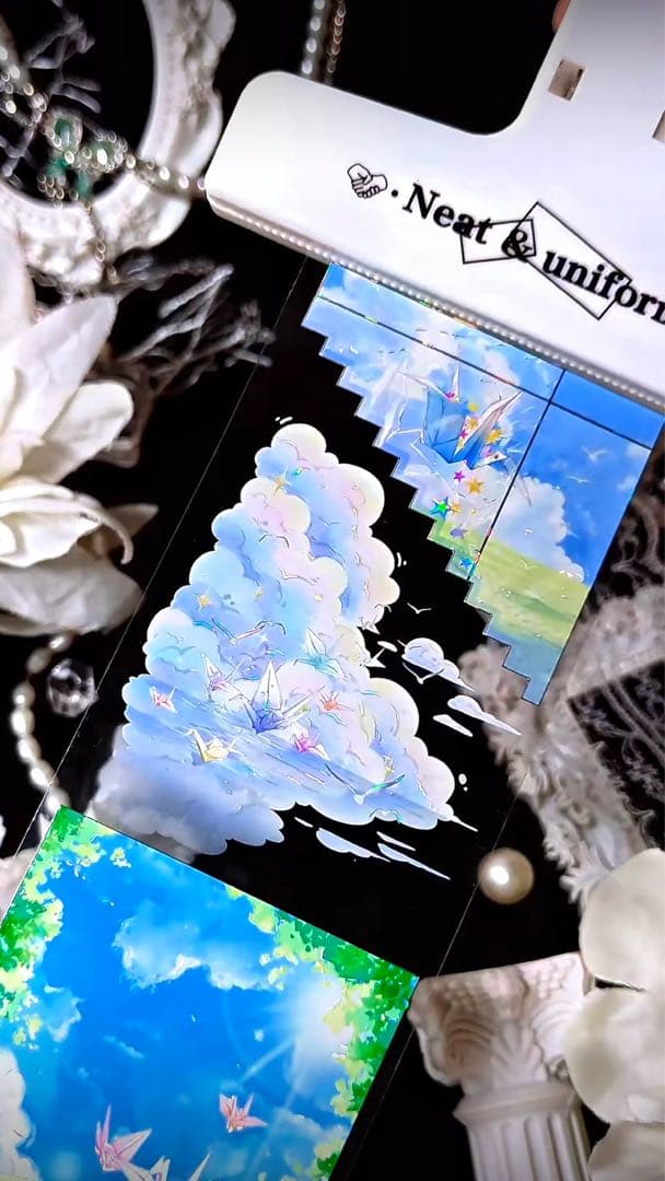 【8901】海外　マステ　3/5/巻　貝殻光マスキングテープ　虹　空　折り鶴