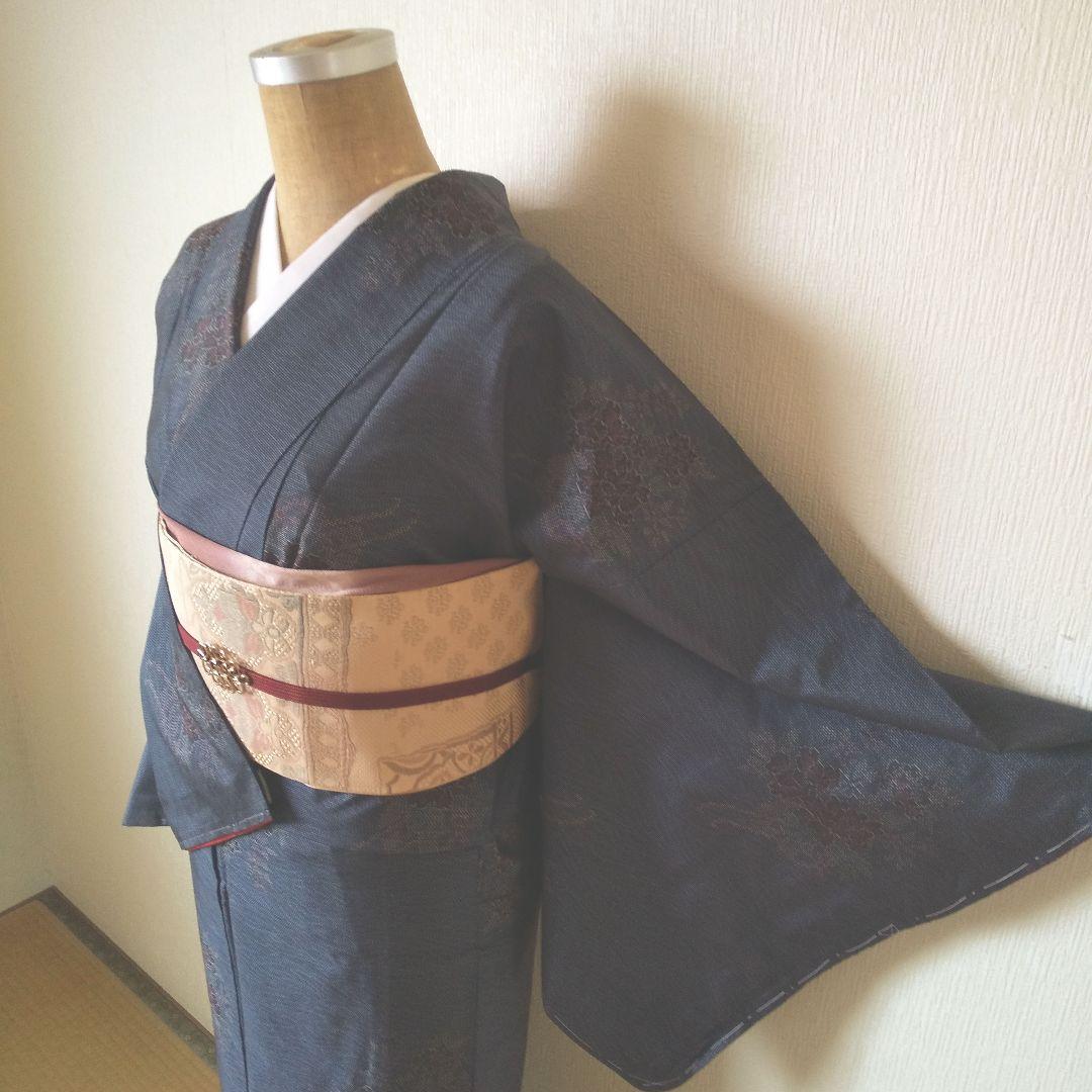 ent・正絹・大島紬・紺系・地紋・花柄・袷・一部仕付け糸付き
