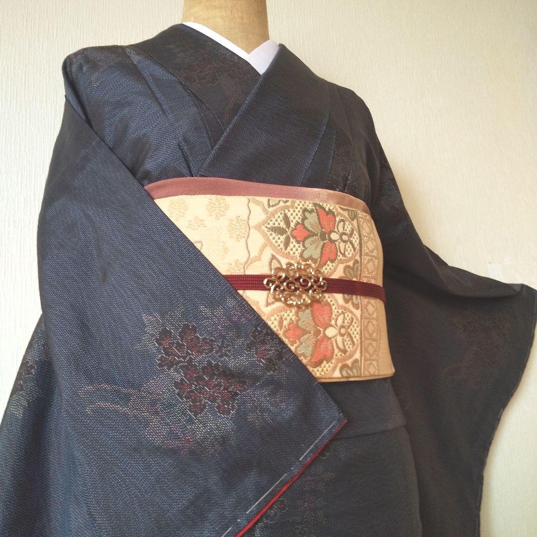 ent・正絹・大島紬・紺系・地紋・花柄・袷・一部仕付け糸付き