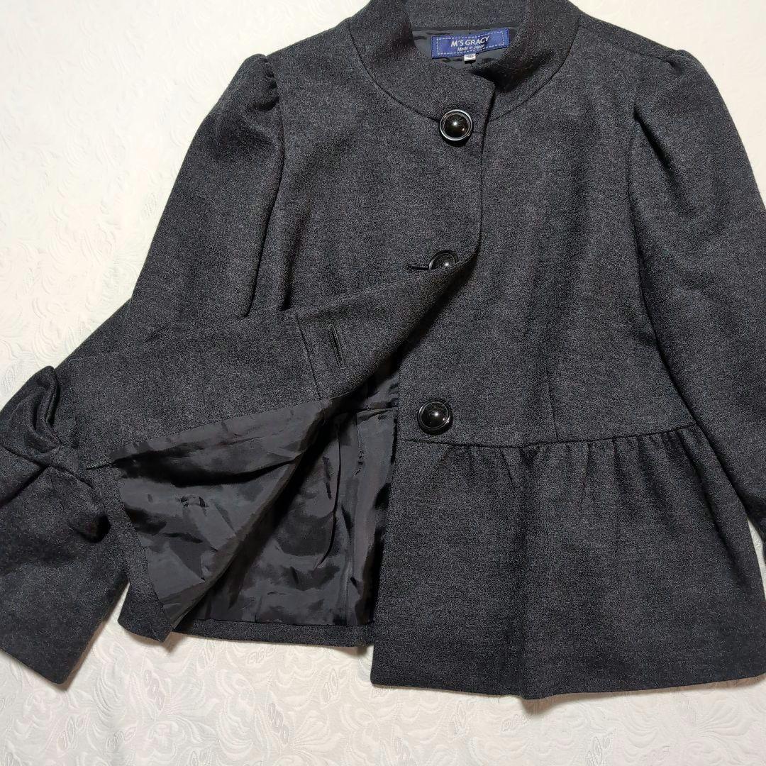 りぼん♡さま★エムズグレイシー　ダークグレー リボン付きフレアスリーブ コート