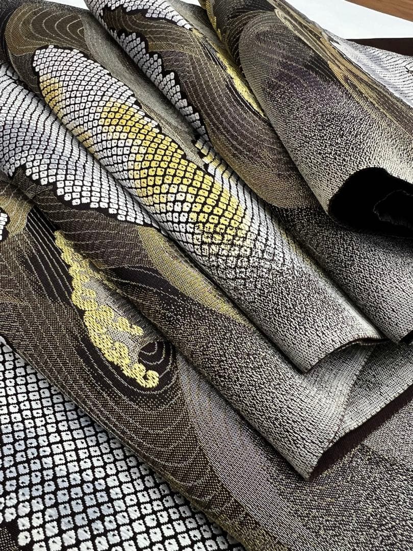 正絹　6通袋帯　荒波　鹿の子織り出し