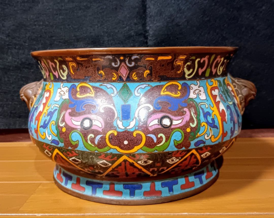 大口缸式器物　七宝焼き　倣古　置物　中国　大きい　工芸品　アンティーク