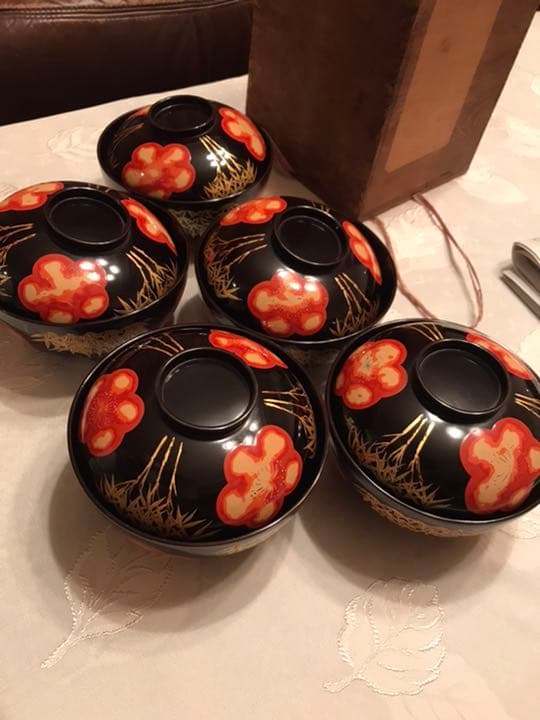 東京日本橋木屋漆器店　骨董品　漆器　縁起物　竹梅　大正〜昭和時代のお碗5客