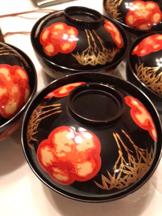 東京日本橋木屋漆器店　骨董品　漆器　縁起物　竹梅　大正〜昭和時代のお碗5客