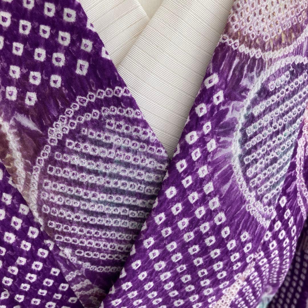有松絞り・有松鳴海　絞り浴衣　グレープ色　丸模様　身丈155cm N7-9