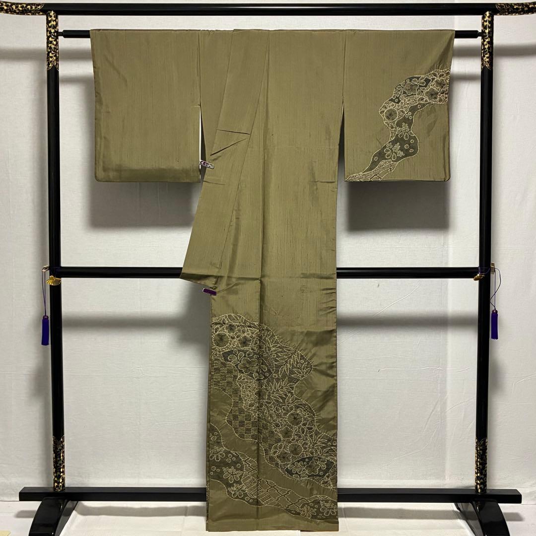 D39 訪問着 紬 辻ヶ花 絞り 正絹 着物 袷