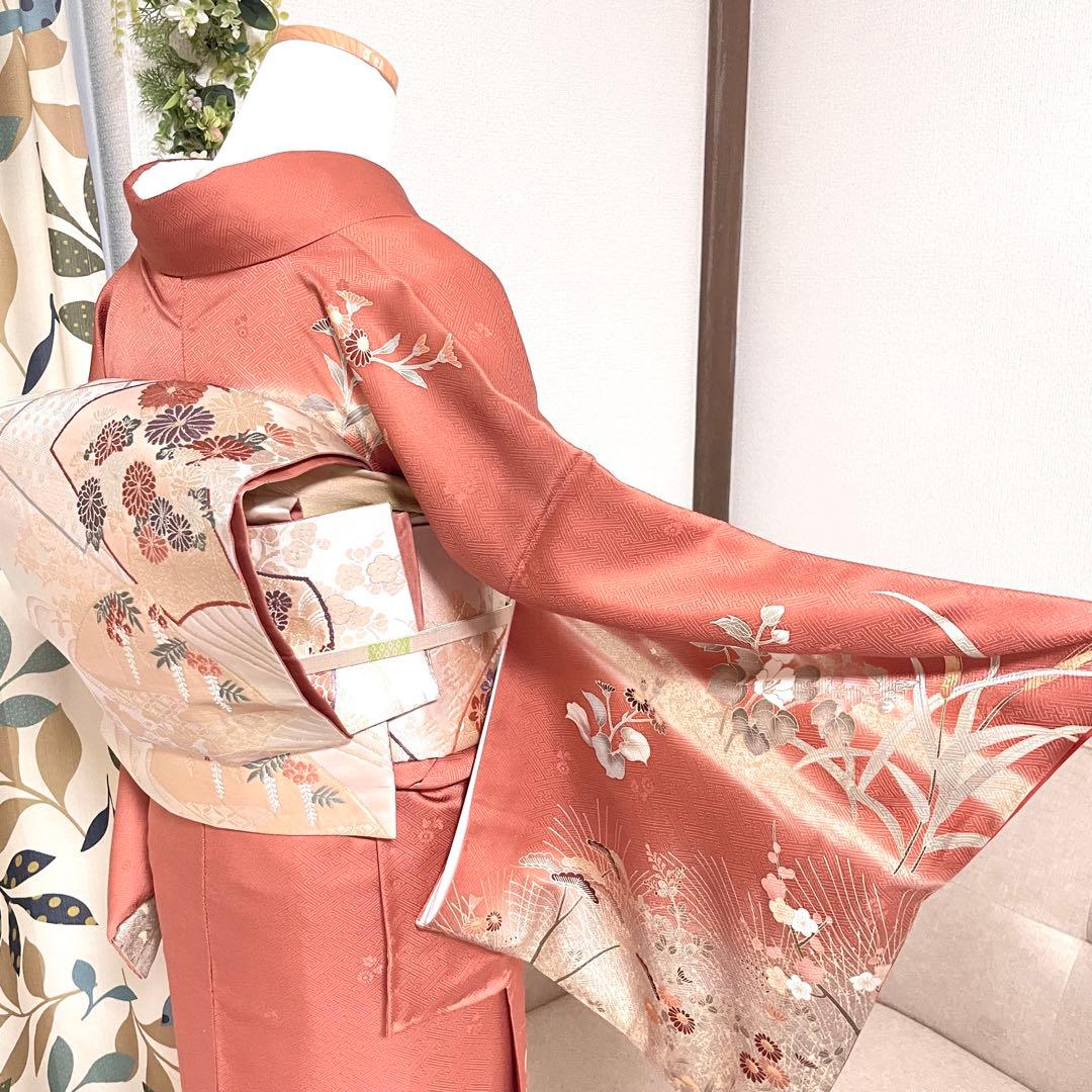 オレンジ　友禅 4点 フルセット 訪問着 入学式 卒業式 入園式 春 秋 冬