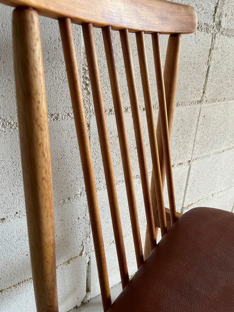 IKEDA 池田木工　ダイニングチェア　本革シボレザー張　昭和レトロ　天然木無垢