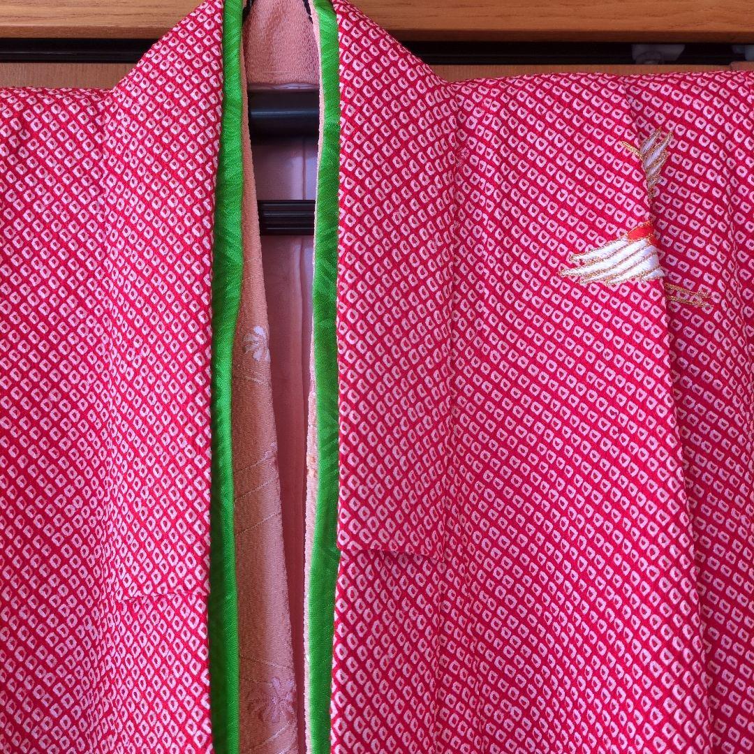 七五三７歳赤色総絞りのお着物と作り帯、帯揚げ帯締めとしごきのセット（長襦袢付き）