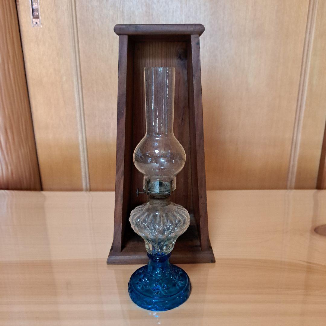 貴重品　未使用　明治〜大正期　魅惑のブルーガラス　オイルランプ　収納飾り台セット