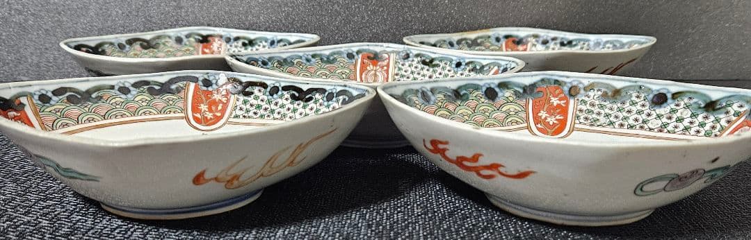 上作古伊万里❗】江戸時代末　古伊万里　錦手　菊花に波文　菱形皿5客　16.8cm