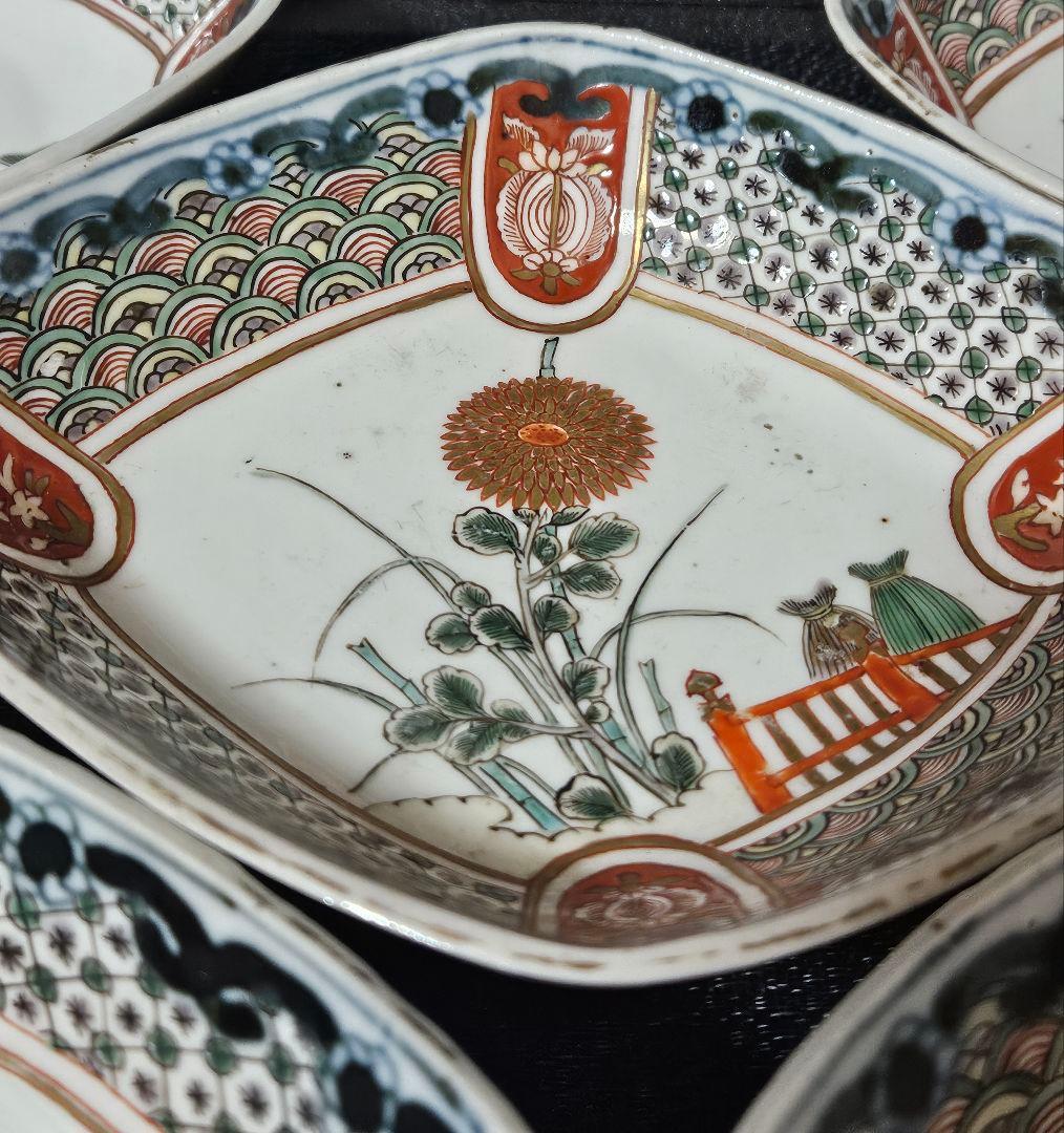 上作古伊万里❗】江戸時代末　古伊万里　錦手　菊花に波文　菱形皿5客　16.8cm