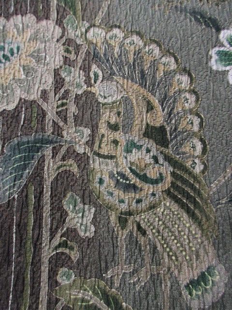 ロミ新古品！ふくれ織＊花唐草＆タテ柄＊松葉色＊紋無し訪問着１６０ｃｍ裄６５