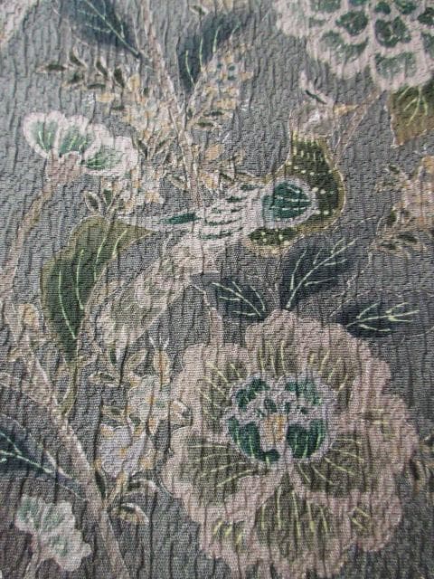 ロミ新古品！ふくれ織＊花唐草＆タテ柄＊松葉色＊紋無し訪問着１６０ｃｍ裄６５