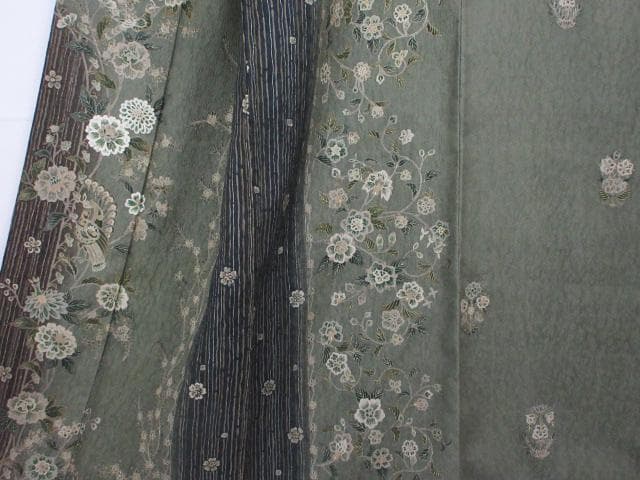 ロミ新古品！ふくれ織＊花唐草＆タテ柄＊松葉色＊紋無し訪問着１６０ｃｍ裄６５