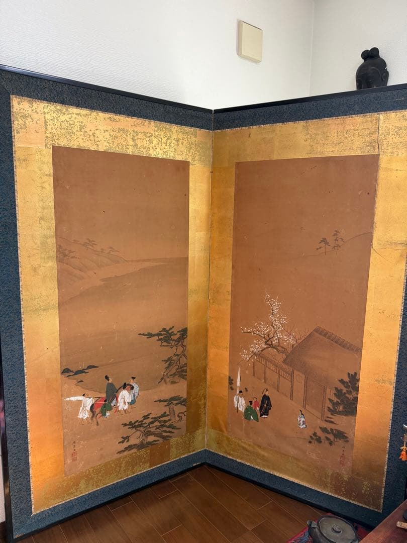 伝統的な日本屏風 大型 金屏風 二曲屏風 アンティーク