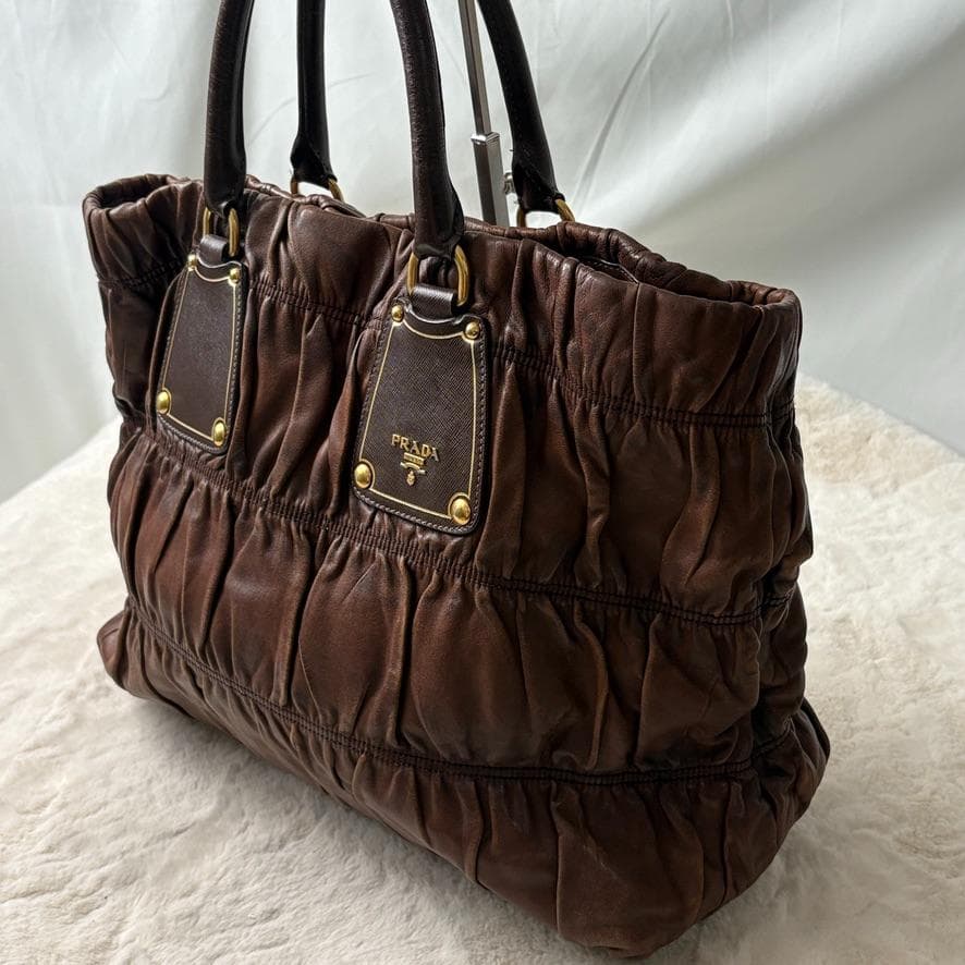 真贋済　PRADA プラダ　ハンドバッグ　羊革　ゴーフル　ブラウン