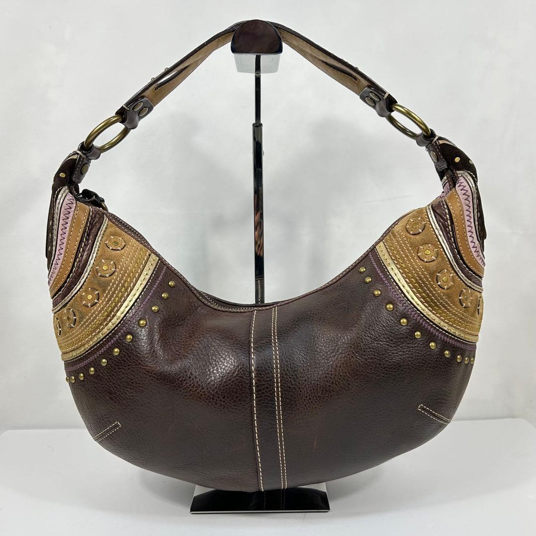 バッグ Coach Leather Studded Hobo Bag Brown