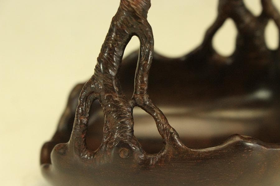 紫檀 刻 手付 皿 文房四宝 卓上飾 高9.4cm(HA491)