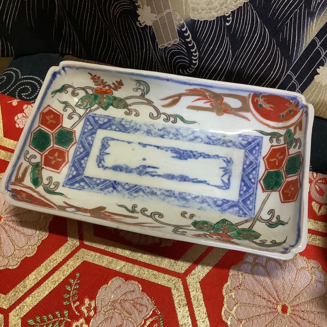 古伊万里　金欄色絵　絵皿　鳳凰紋　長方皿　5客　江戸〜幕末　輪島塗・李朝好きにも