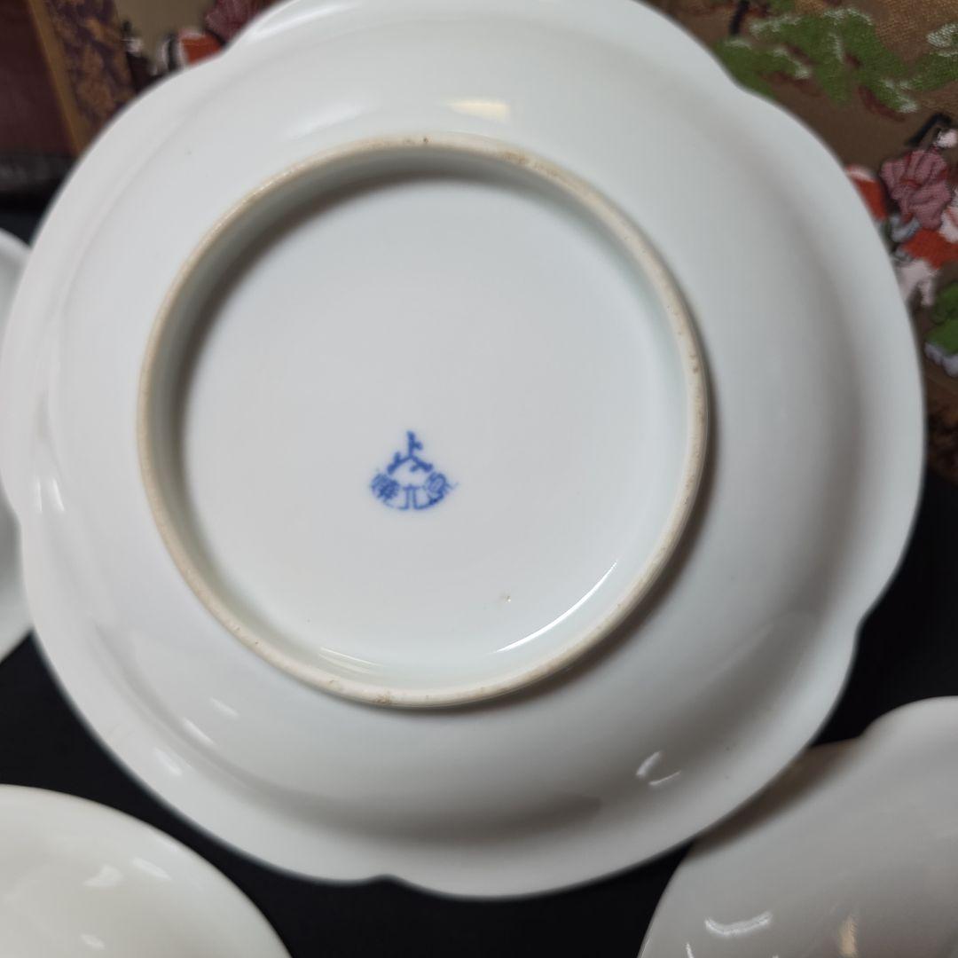 源六焼　富永源六　染付山水文　高台 輪花皿　中皿　18.5cm　4枚　 三つト印