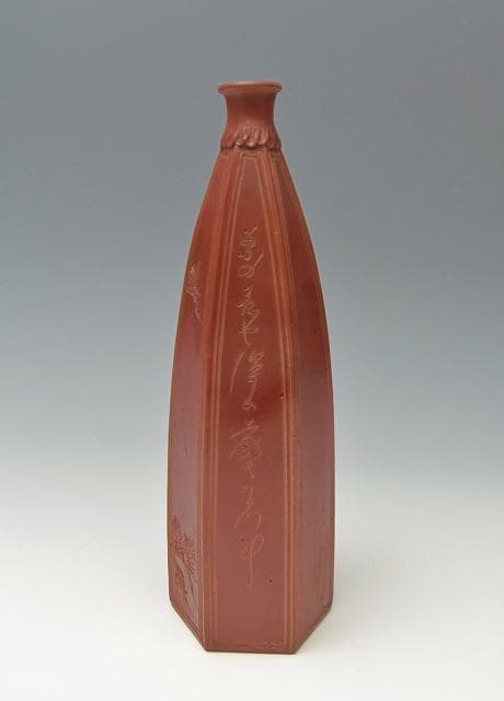 江戸後期 傘徳利 松模様 俳句刻 窯変面取り六角徳利 レア古備前・レア備前焼