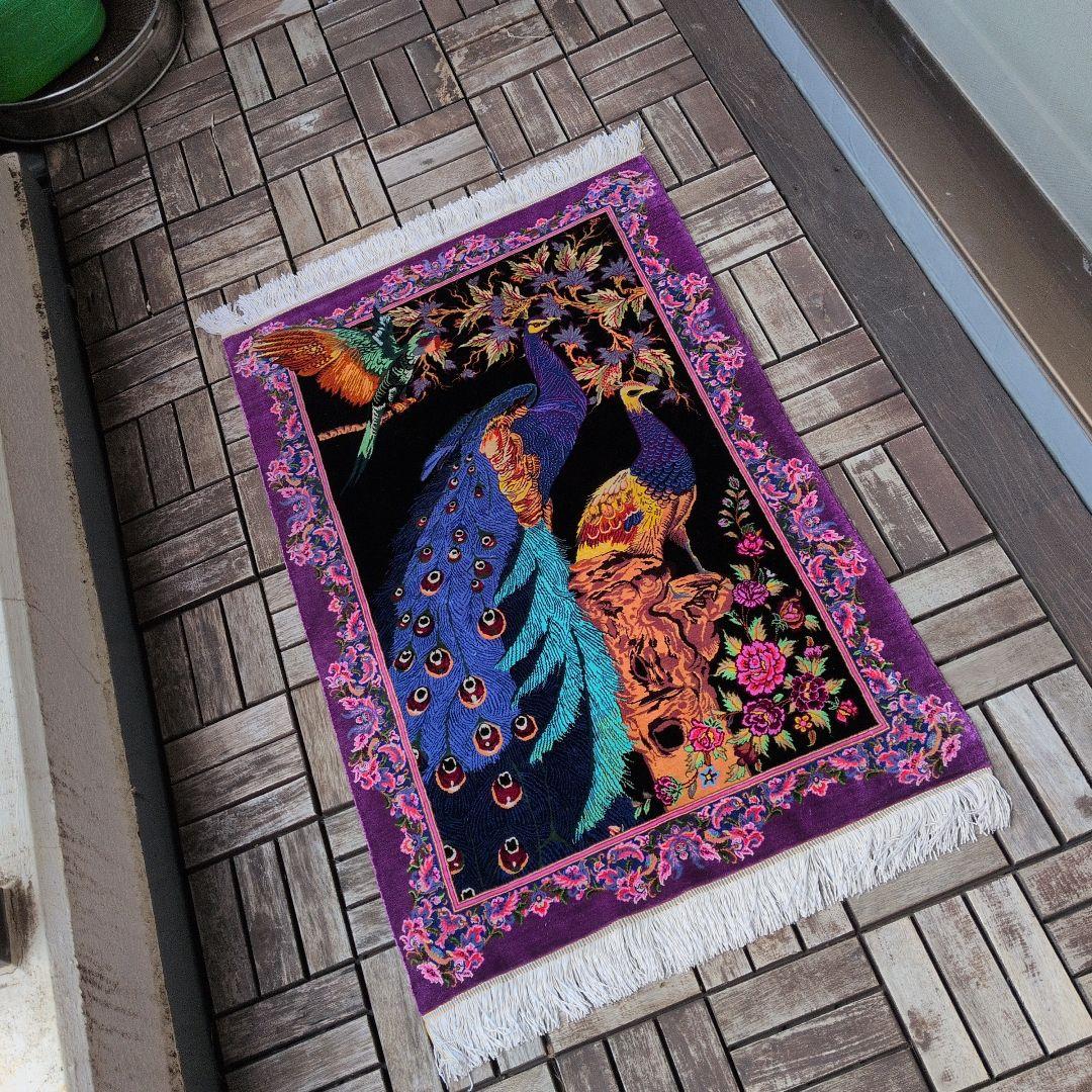 60x90cmペルシャ・クム産(320)玄関・タペストリー・絹・シルクじゅうたん