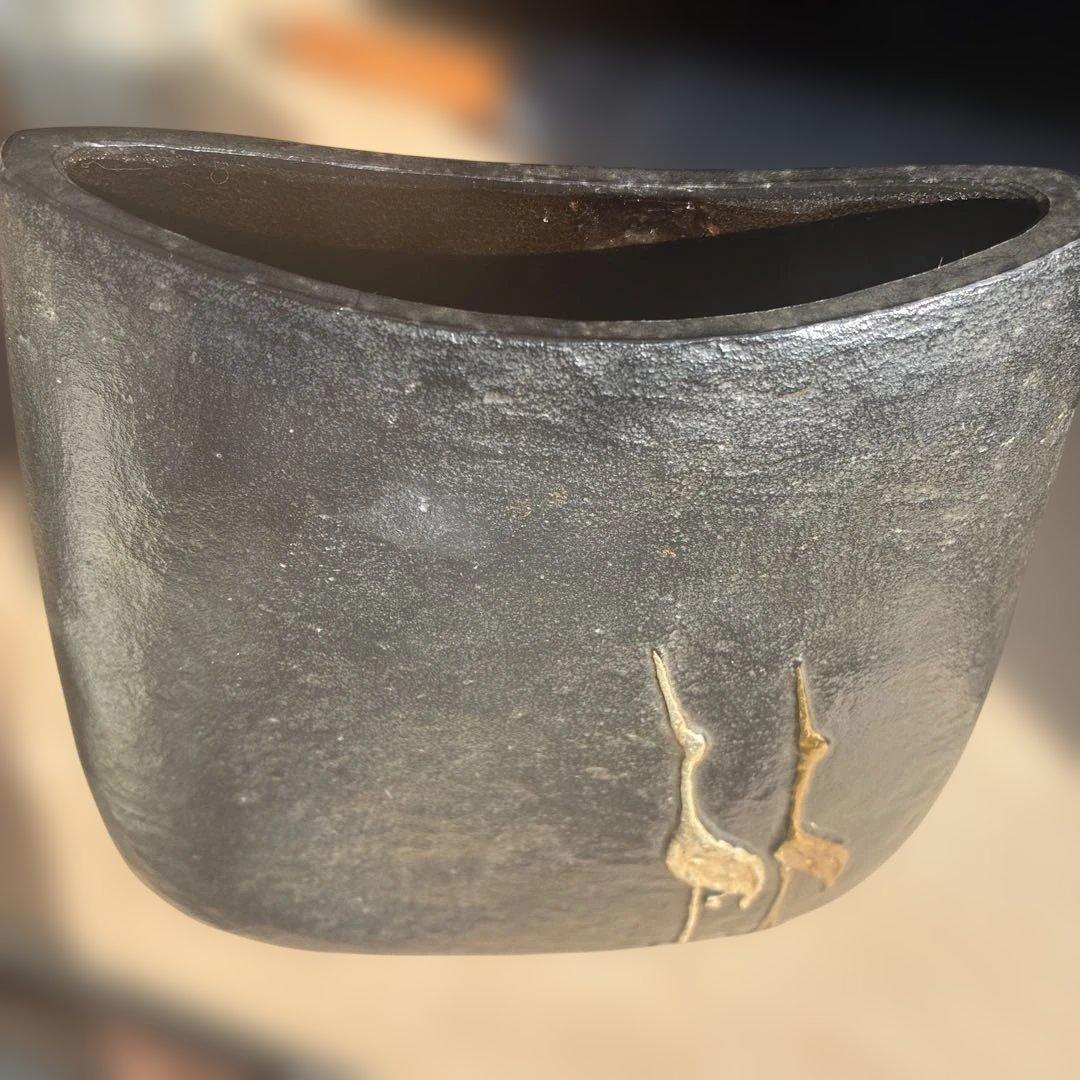 金色の鶴と亀の象嵌　花器 置物　高岡銅器