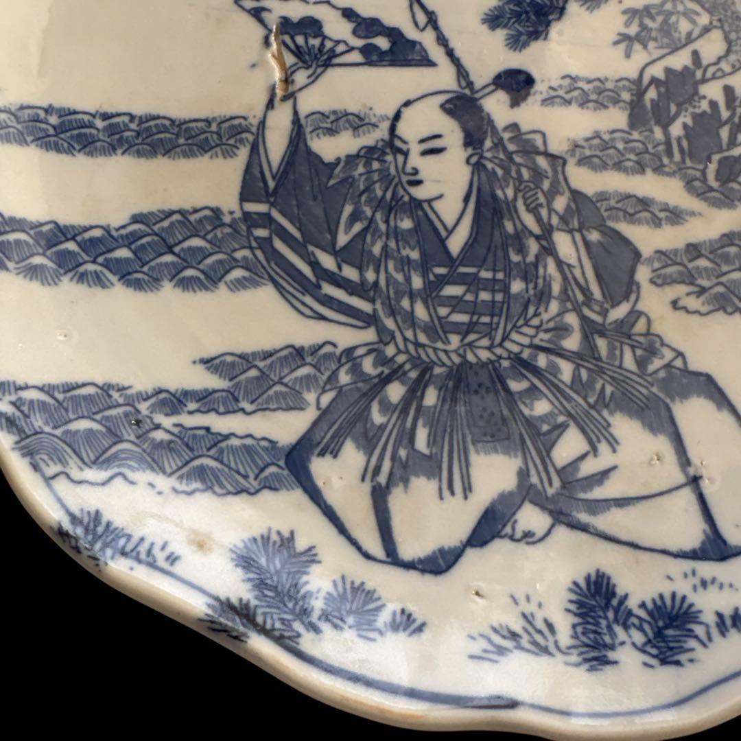 古伊万里 染付 輪鼻皿 人物文様 皿 アンティーク 鶴文 花形皿 かざりさら