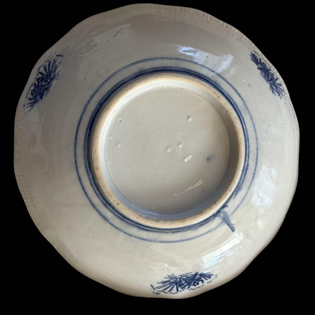 古伊万里 染付 輪鼻皿 人物文様 皿 アンティーク 鶴文 花形皿 かざりさら