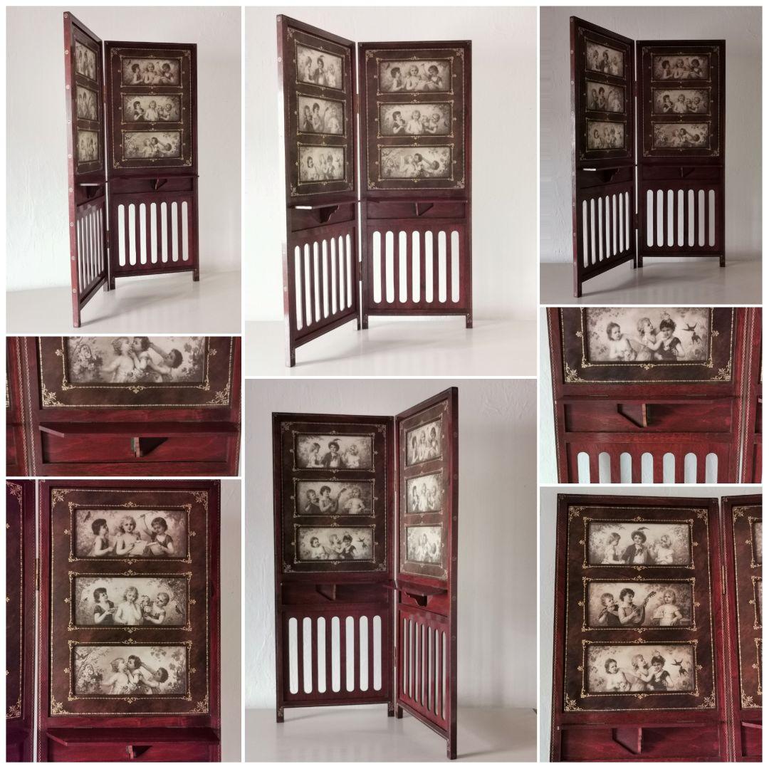 アンティーク マホガニー金彩彫刻スクリーン 子供達のセピア絵 レザー 花織生地