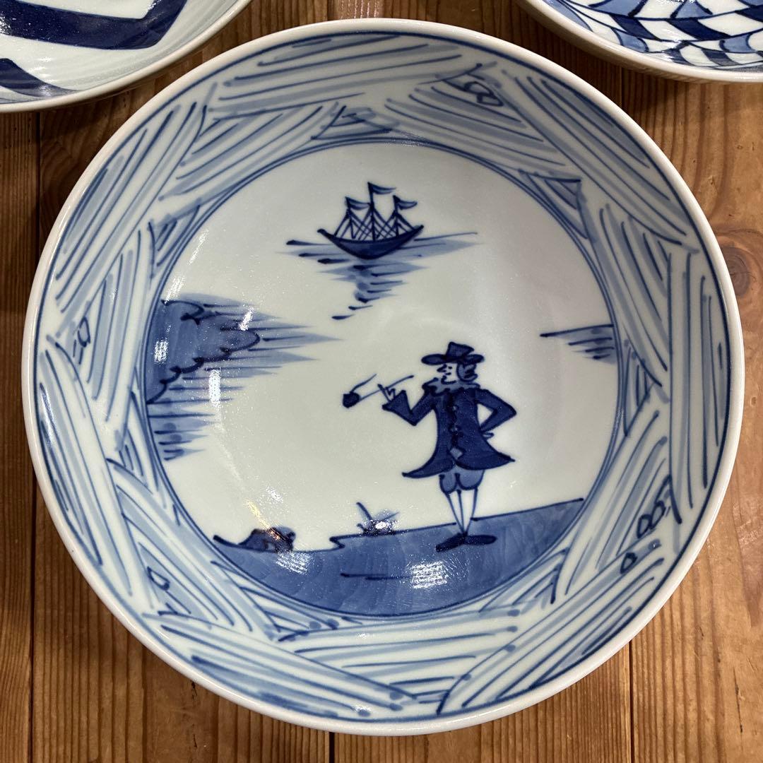 有田焼　青花　しん窯　長崎紋渕上り　江戸紋　奴だこ　6.5寸　中華丼　19cm