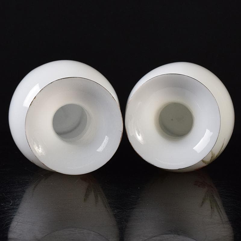 中国　中国景徳鎮製　薄胎　粉彩　漢詩花鳥文瓶　一對　C　R8384