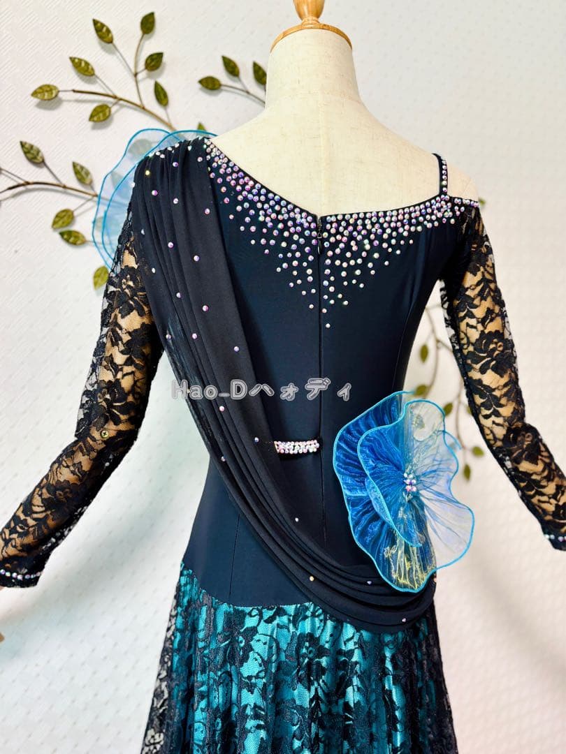 新品★ダンスドレス★スタンダード★社交ダンス★競技会★パーティー★黒&ターコイズ