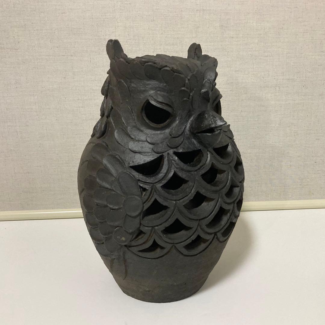 信楽焼 陶器 フクロウ 梟 置物 オブジェ 透かし 工芸品 モダン レトロ