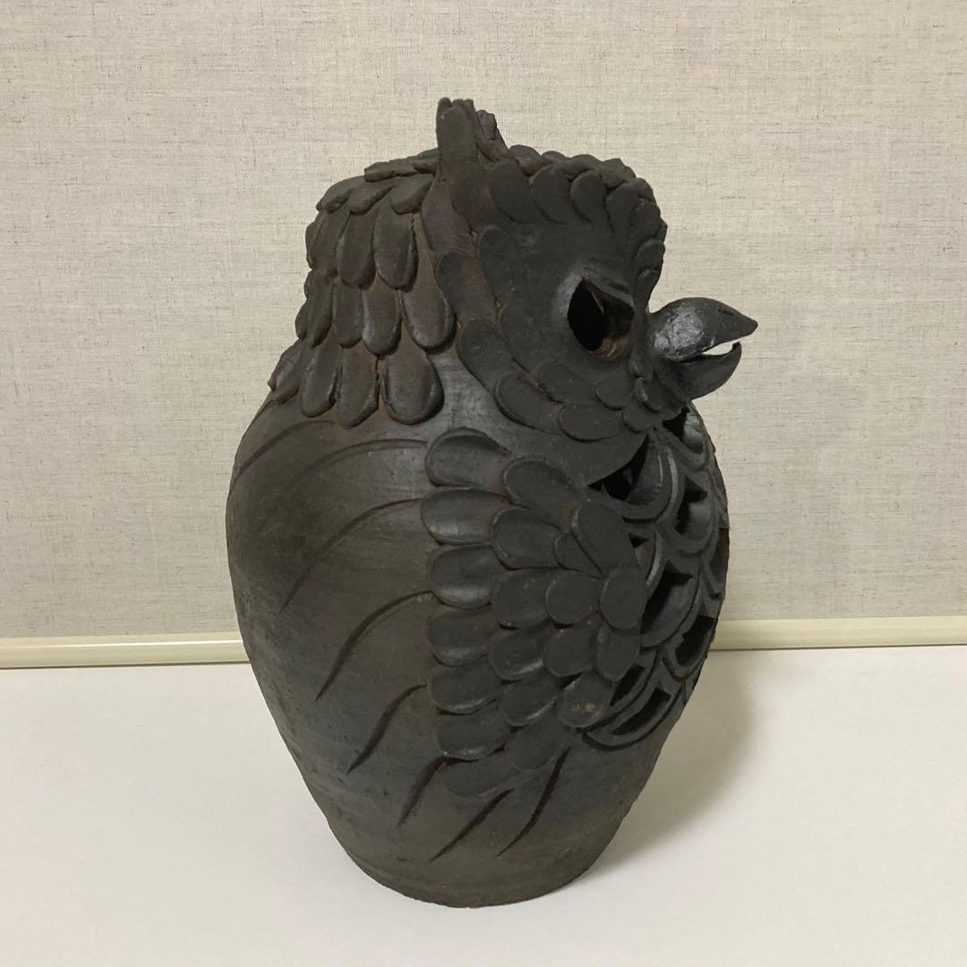 信楽焼 陶器 フクロウ 梟 置物 オブジェ 透かし 工芸品 モダン レトロ