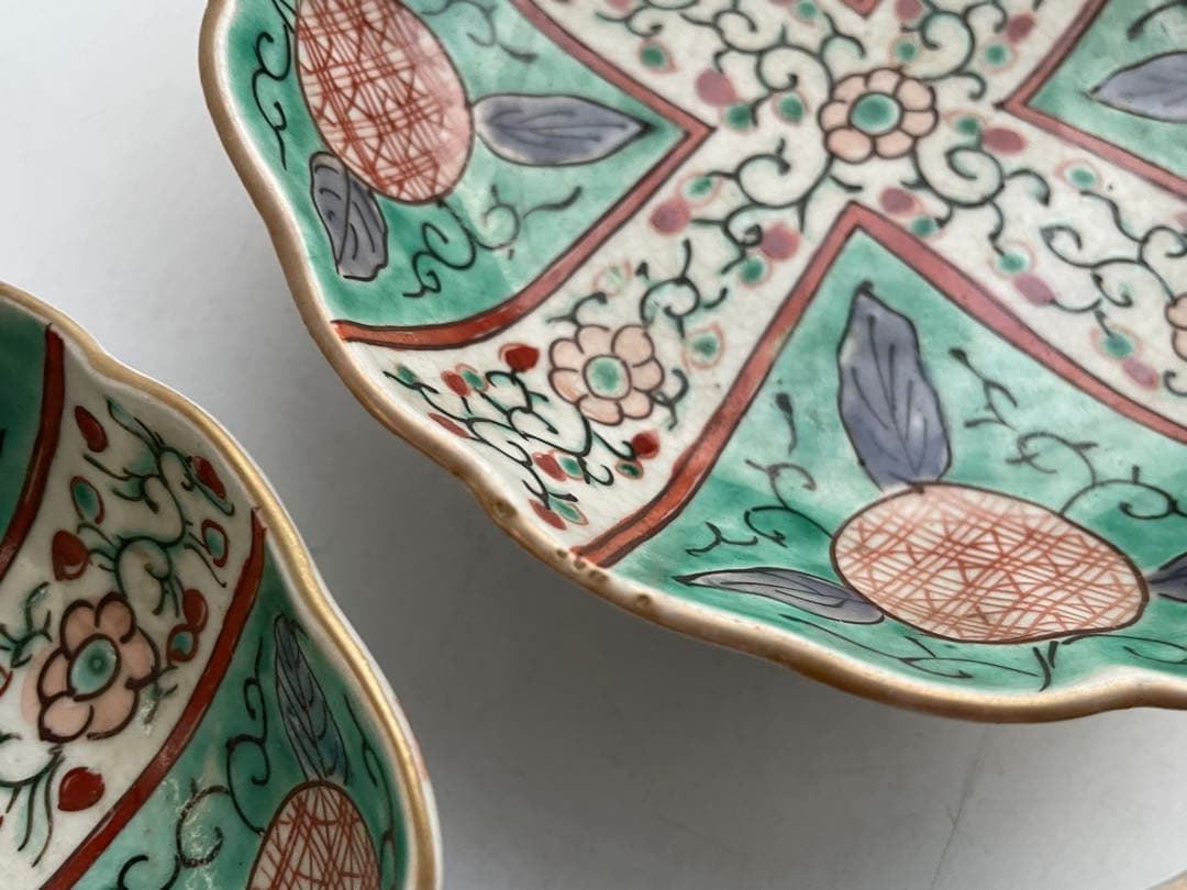 骨董　アンティーク　古伊万里　色絵　花唐草文様　膾皿　なます皿　3枚