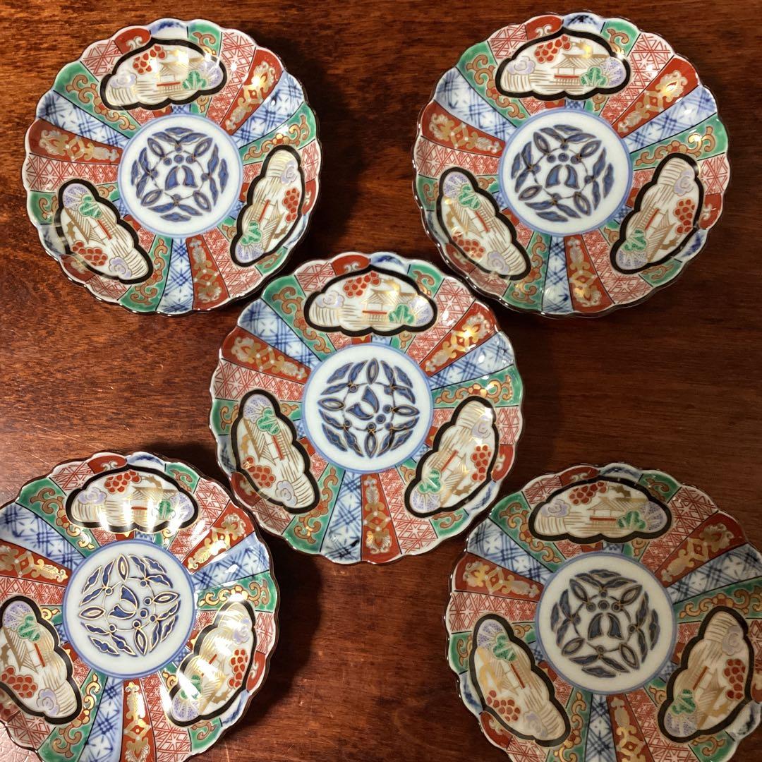 【林九郎窯】三方割元禄地紋　小皿揃5枚組