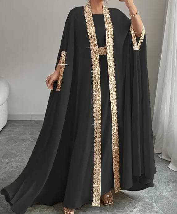 【新品】中東の上品ブラックドレス ゴールド装飾前開きアウタードレス