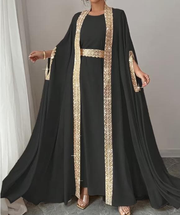 【新品】中東の上品ブラックドレス ゴールド装飾前開きアウタードレス