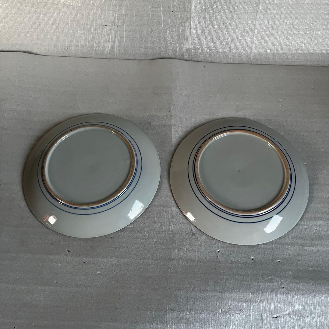 アンティーク　大皿　2枚セット　印判　明治時代　松竹梅　波紋様