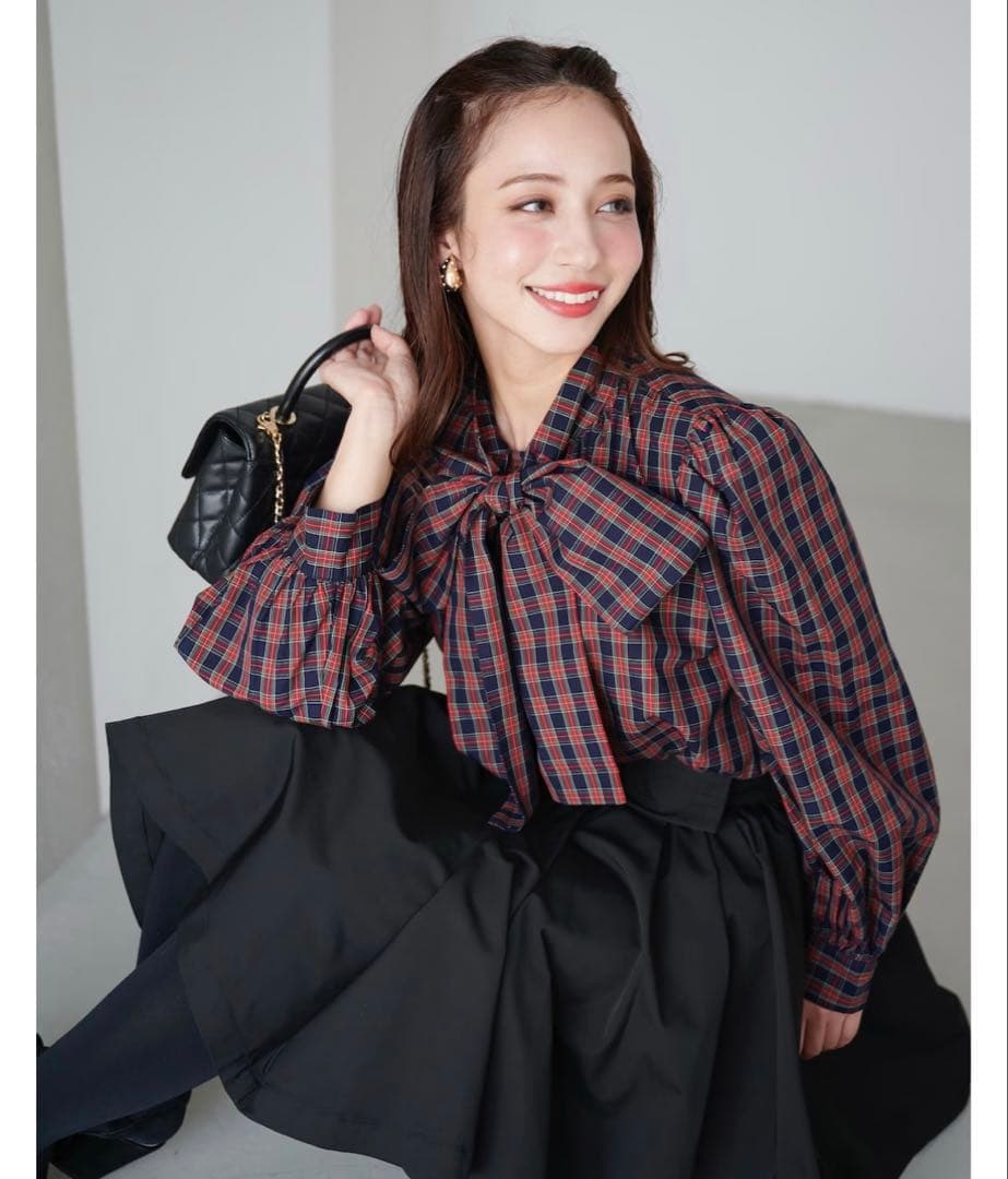 新品タグ付♡ obli タータンチェックボウタイブラウス オブリ OBLI