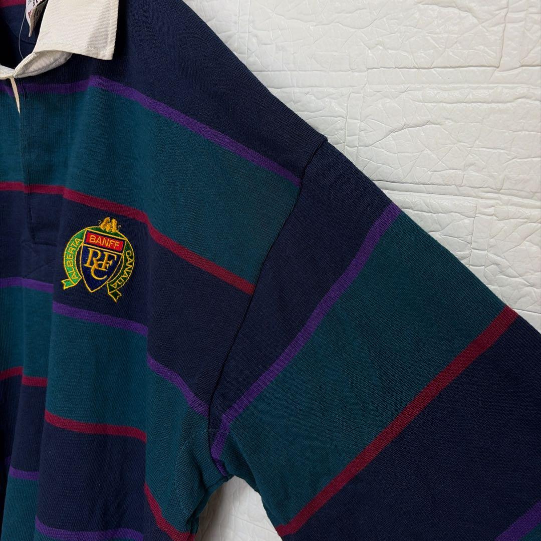 希少2XLT 90s BARBARIAN 厚手ラガーシャツ ボーダー 刺繍ロゴ